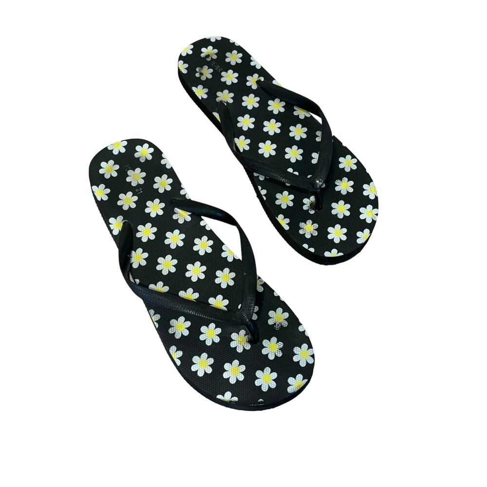 Forever21 Flip Flops Women 10.5 Black Sunflowers Summer Beach‎ Vacation Travel